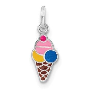 925 Sterling Silver RH-plated Enameled Ice Cream Cone Children's Charm Pendant